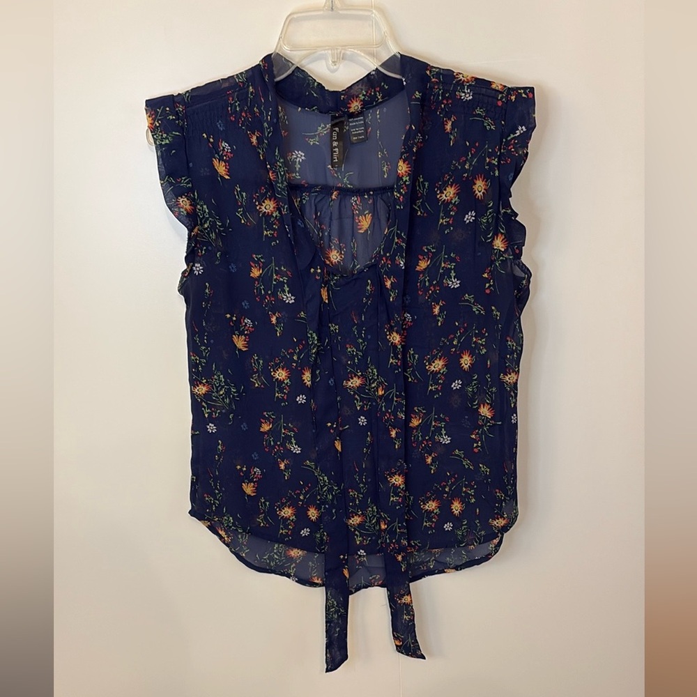 LAST CALL! Fun & Flirt Blue and Orange Flutter Sleeve Blouse with Tie Front - Picture 5 of 5
